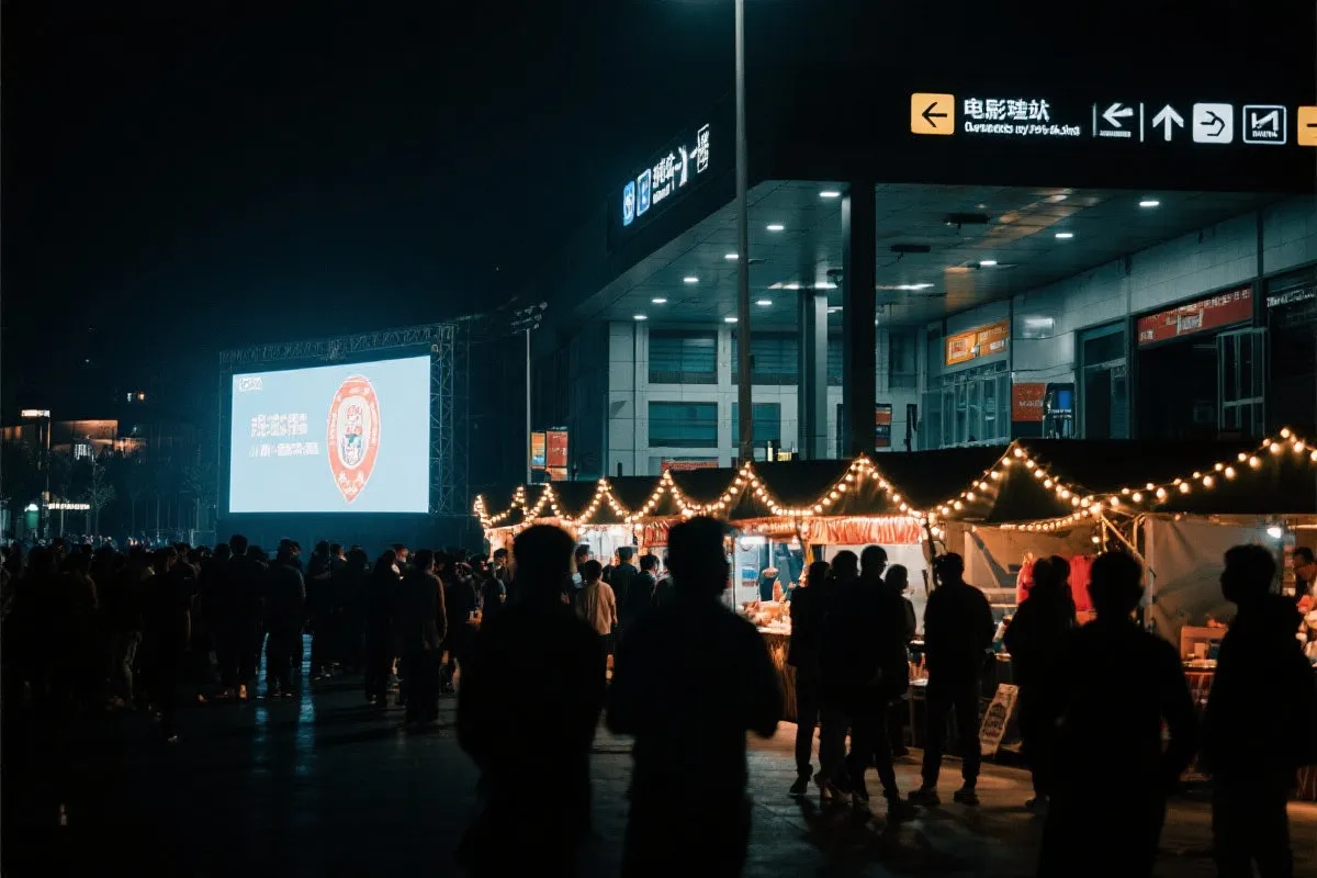 费城球迷广场夜景：大屏观赛人群、步行指示牌与公共交通入口